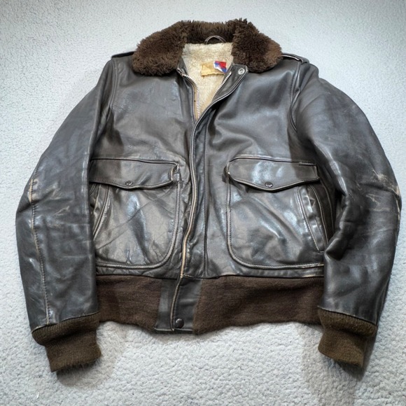 Vintage Schott Jacket Men 38 Brown Leather Flight Coat Aviator Air Force Sherpa - Picture 1 of 16
